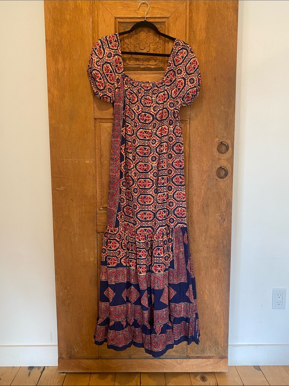 Vintage handmade India block print maxi dress red blue tan Medium short sleeve
